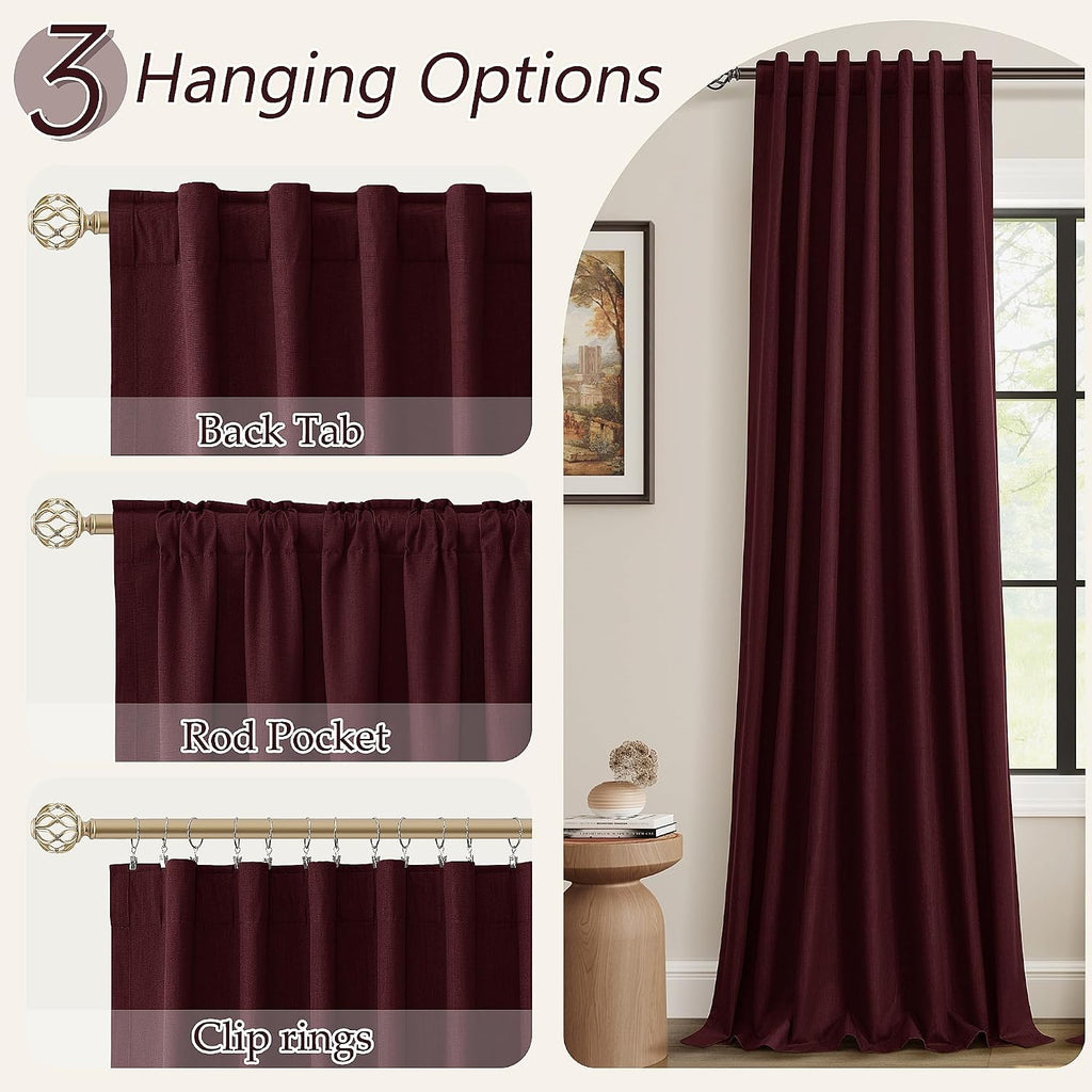 Guken Burgundy 100% Blackout Linen Curtains 102 Inch Length 2 Panels Set for Living Room Bedroom Back Tab Thermal Insulated Black Out Drape…