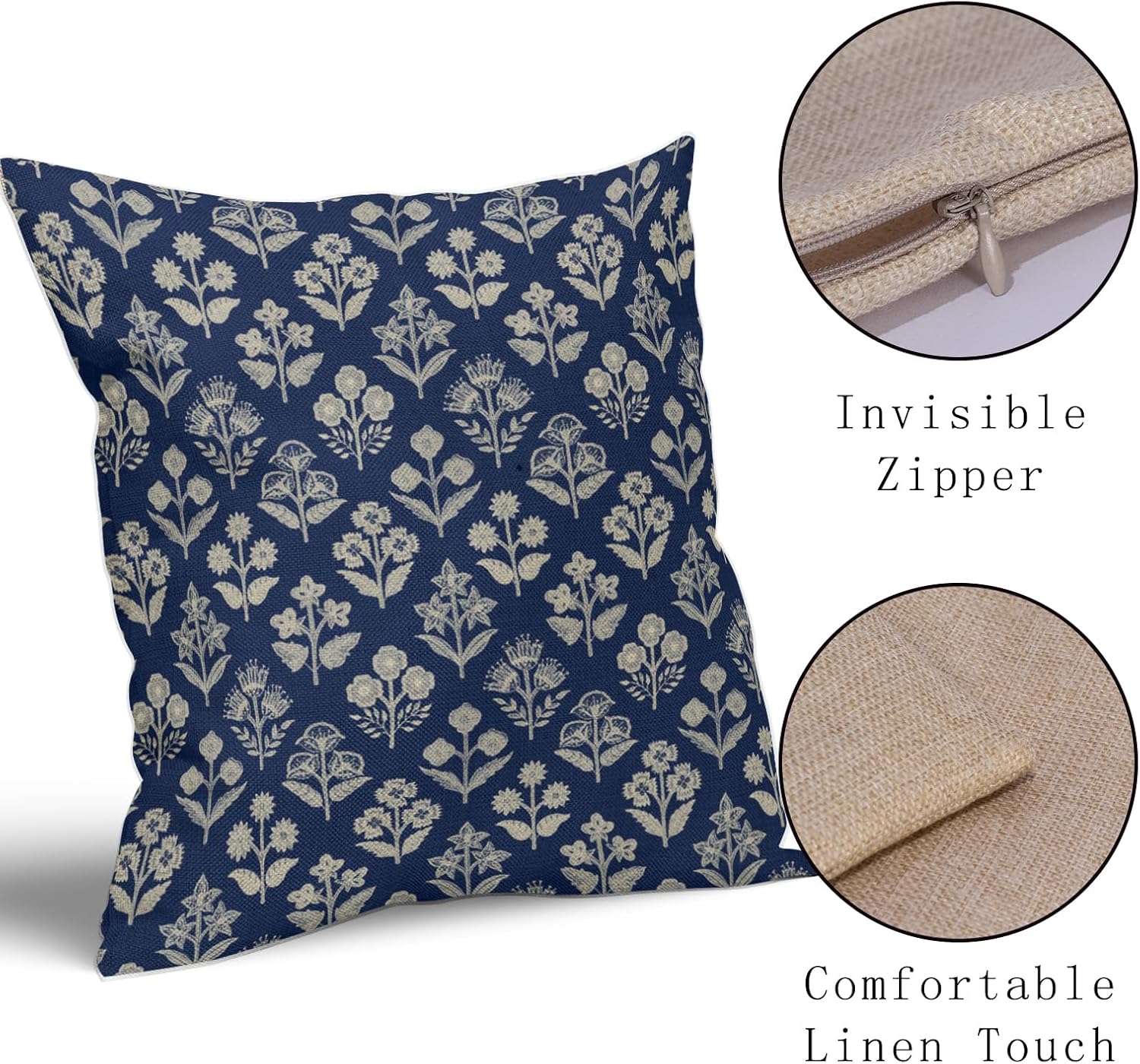 Dark Blue Floral Pillow Covers 22x22 Inch Set of 2, Vintage Flower Block Print Pattern Decorative Throw Pillowcases Outdoor Farmhouse…