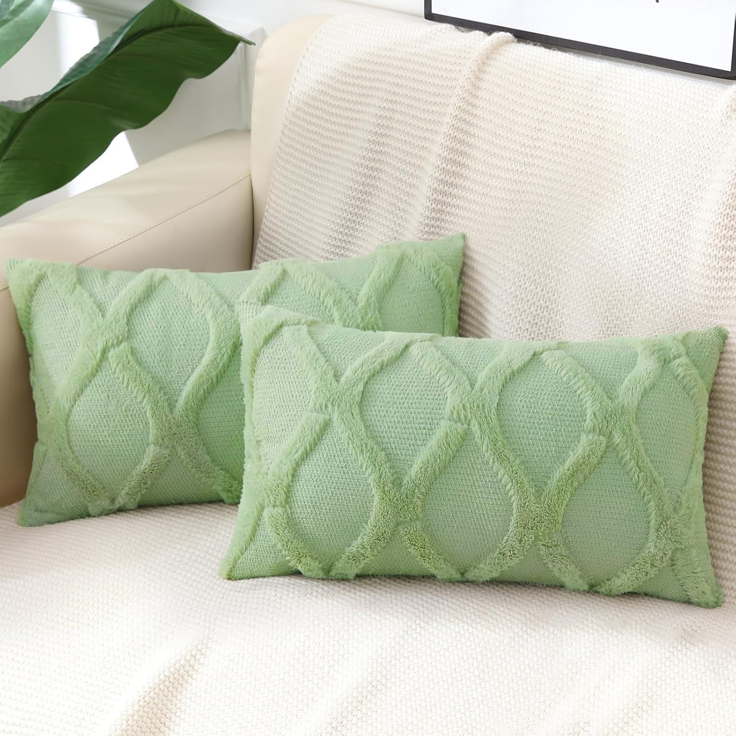 decorUhome Summer Throw Pillow Covers 12x20 Inch Set of 2, Soft Plush Faux Fur Wool Lumbar Sage Green Accent Couch Pillow Covers for Modern…
