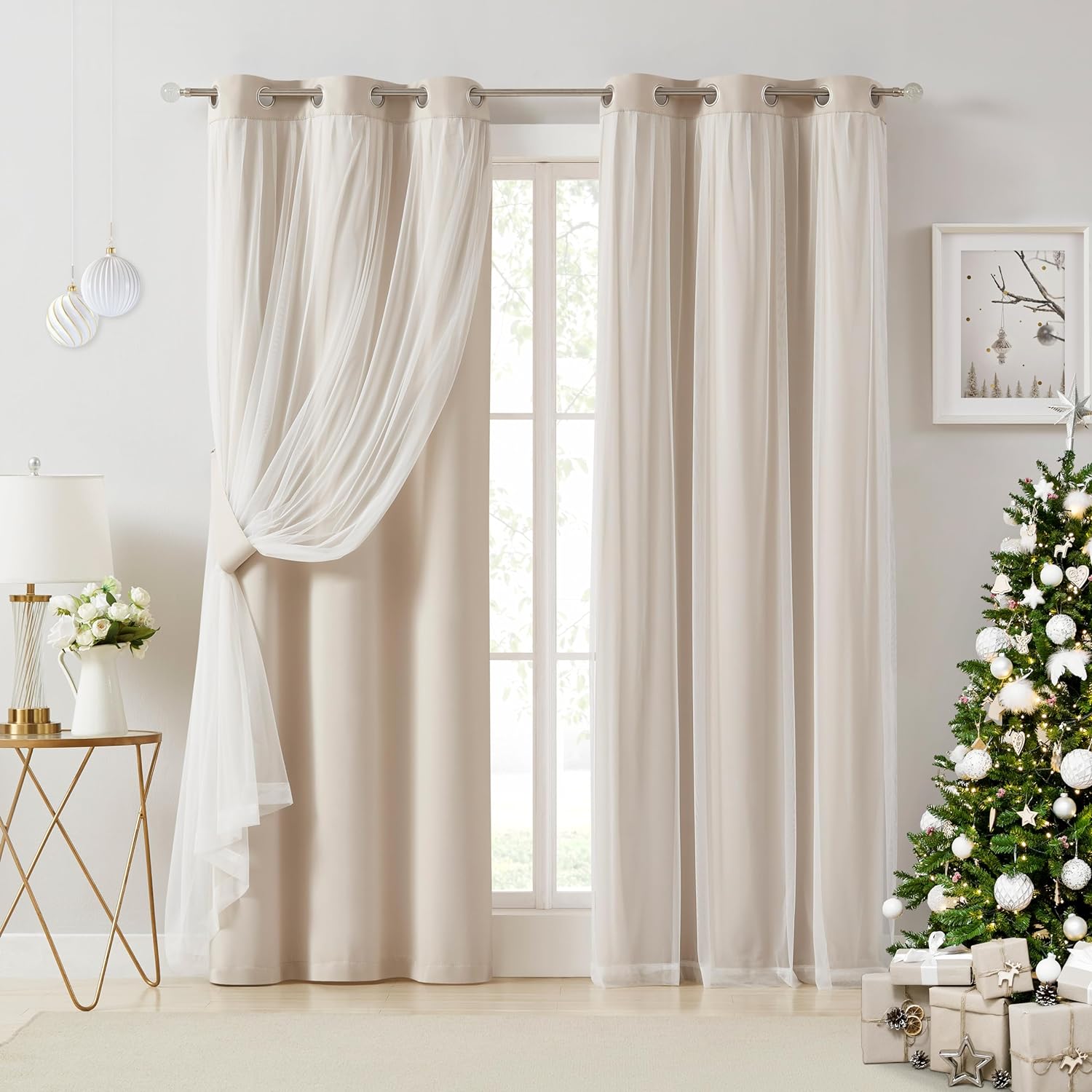 Bujasso Beige 90% Blackout Curtains with Sheer Overlay Mix and Match Double Layer Thermal Insulated Window Panels 84 inch for Living Room B…