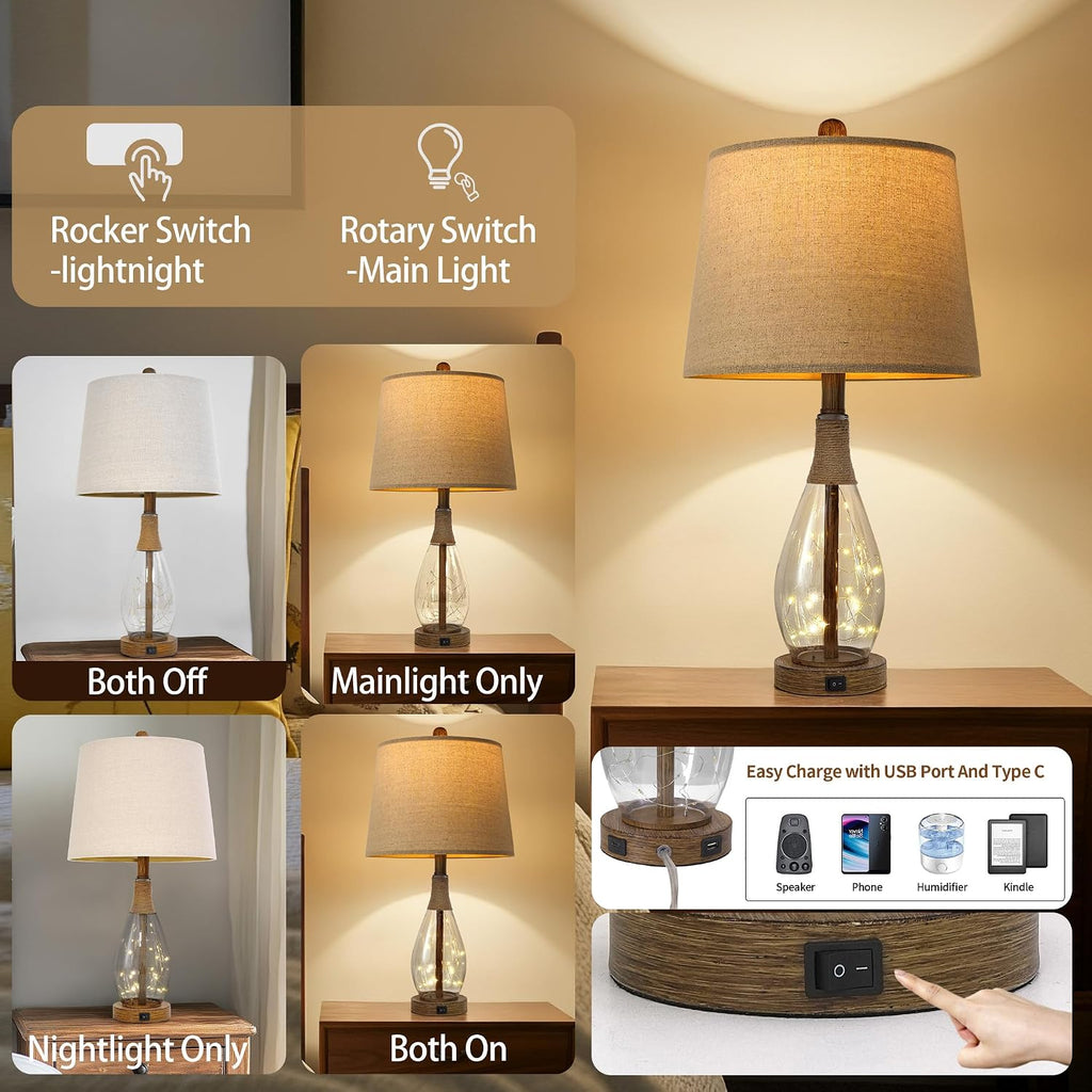 OYEARS 23" USB A+C Table Lamp for Bedroom Living Room Modern Bedside Lamps Retro Farmhouse Rattan Glass Nightstand Nightlight Lamps, Two…