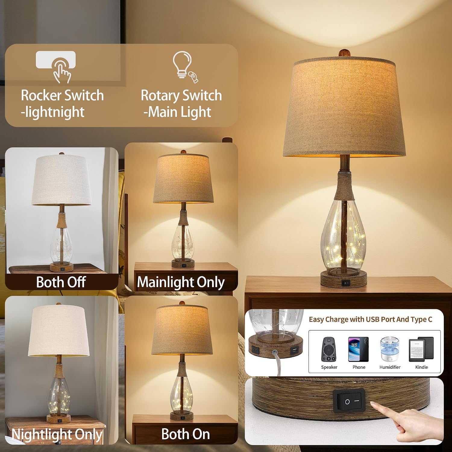 OYEARS 23" USB A+C Table Lamp for Bedroom Living Room Modern Bedside Lamps Retro Farmhouse Rattan Glass Nightstand Nightlight Lamps, Two…