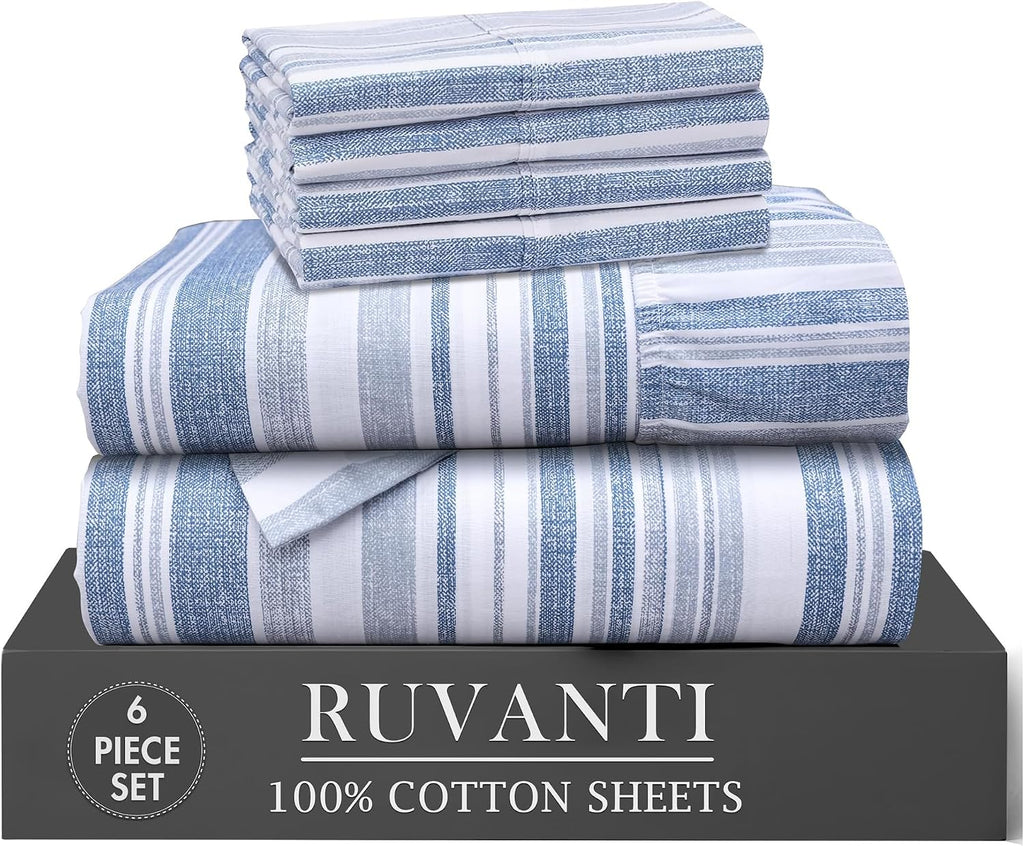 Ruvanti 100% Cotton Percale Sheets California King Size 6 Piece Set, Cooling Bed Sheets for Hot Sleepers, Deep Pocket 14”, Breathable Light…