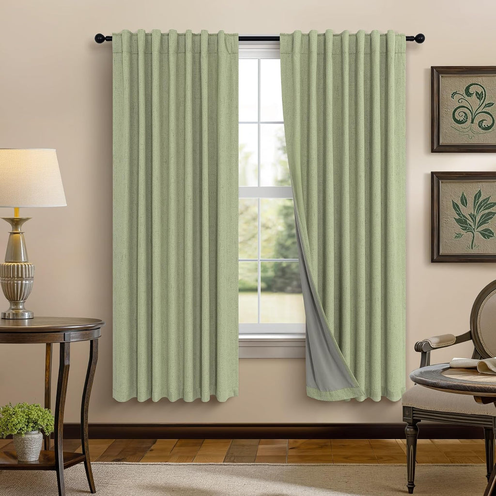 Pitalk Light Sage Green Black Out Curtains 63 Inch Long 2 Panel Set Back Tab Pleated Linen Textured Cute Blackout Curtains for Girls Bedroo…