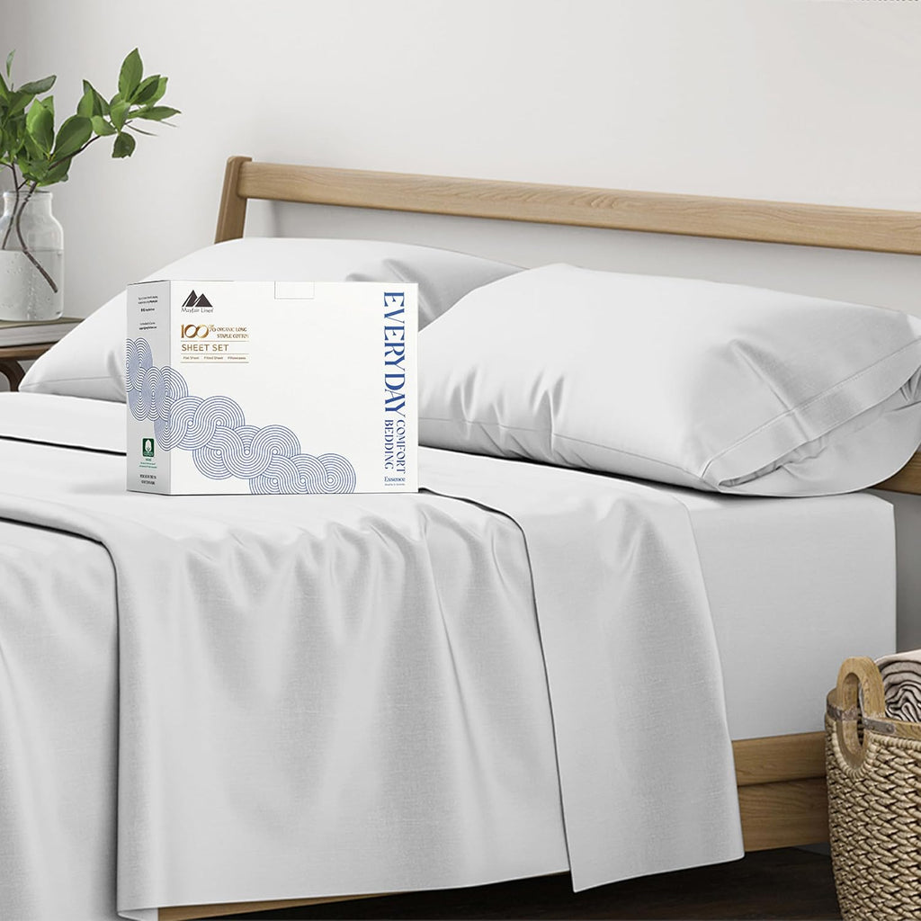 Mayfair Linen 100% Organic Cotton Percale Sheets - California King Size, 4 Piece Set, Percale Weave, Crisp, Cooling, 16" Deep Pocket…