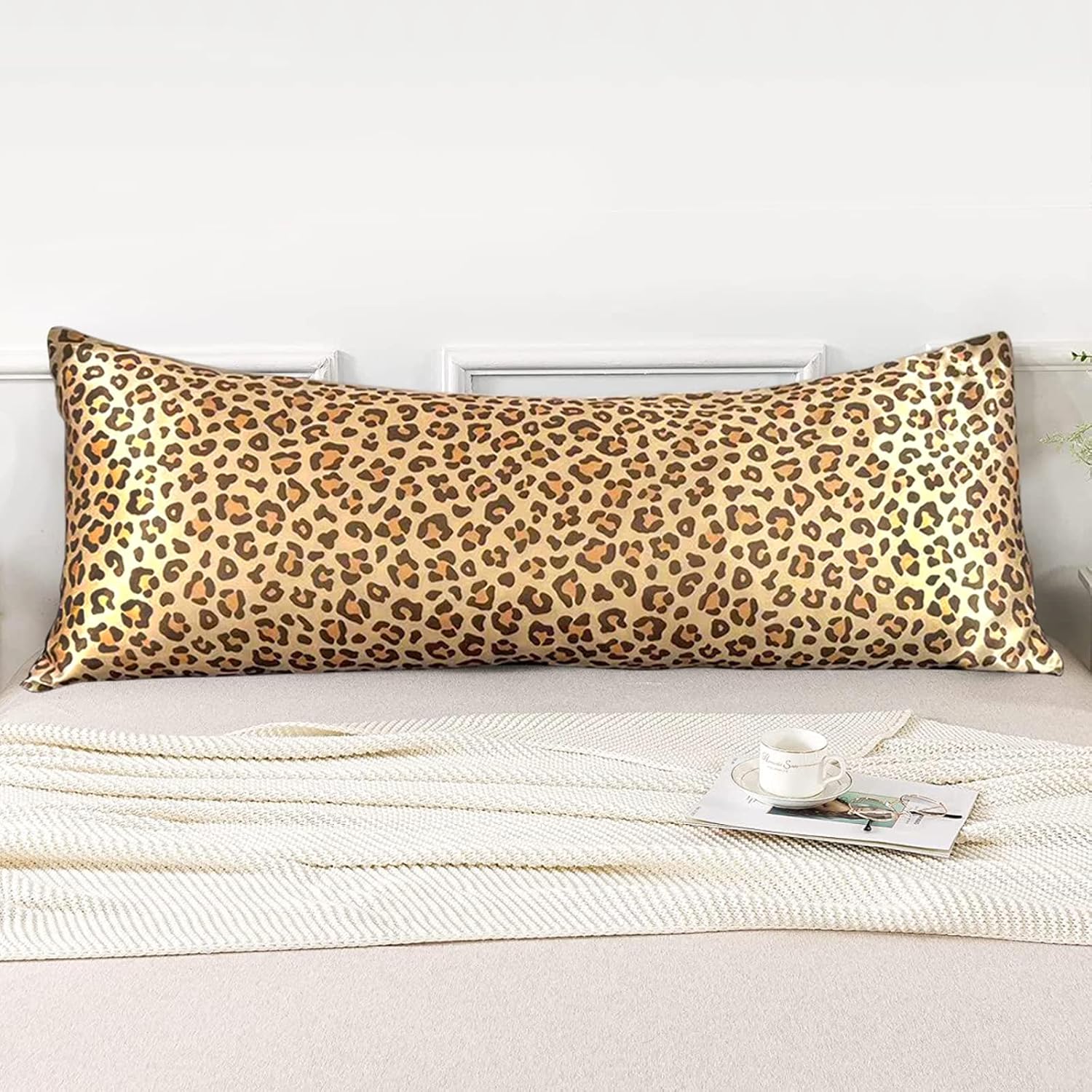 Lcbd Satin Body Pillow Case for Hair and Skin, Gold Leopard Printed Silk Satin Body Pillowcase Cover, 20x54 Cheetah Print Body Cooling Pill…
