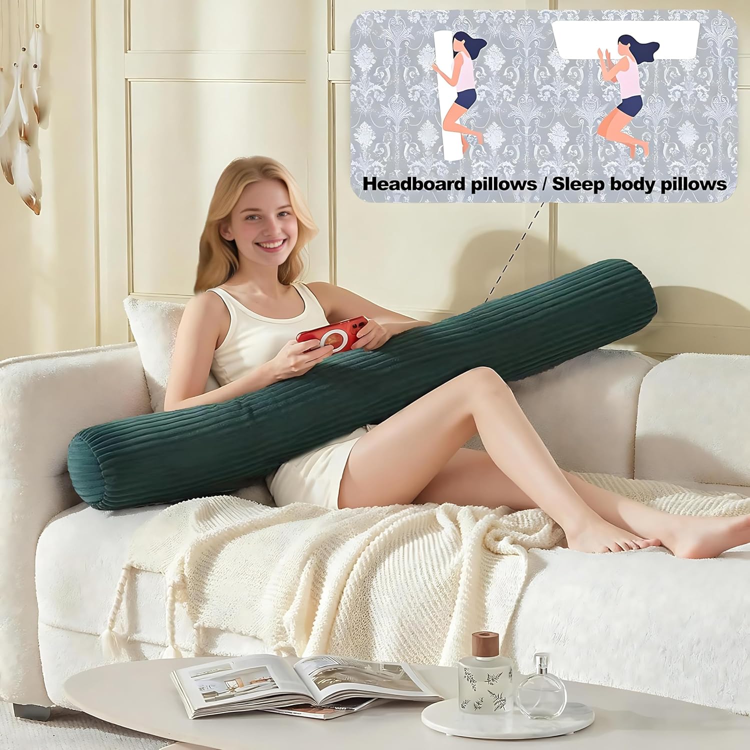 Headboard Pillow Queen, Large Triangular Wedge Cushion with Neck Roll Pillow for Reading Sitting Working, Backrest Positioning Support…