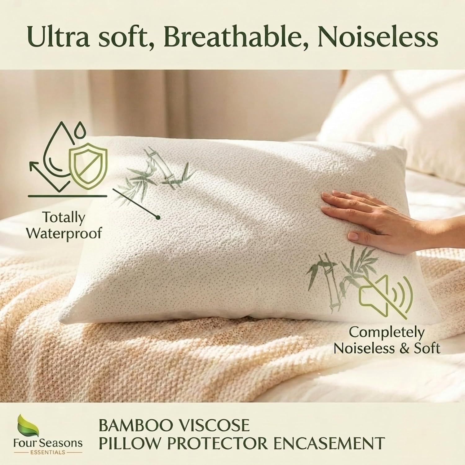 Four Seasons Essentials Standard Size Waterproof Pillow Protectors (Set of 2) - Natural Viscose derived from Bamboo Pillow Covers…