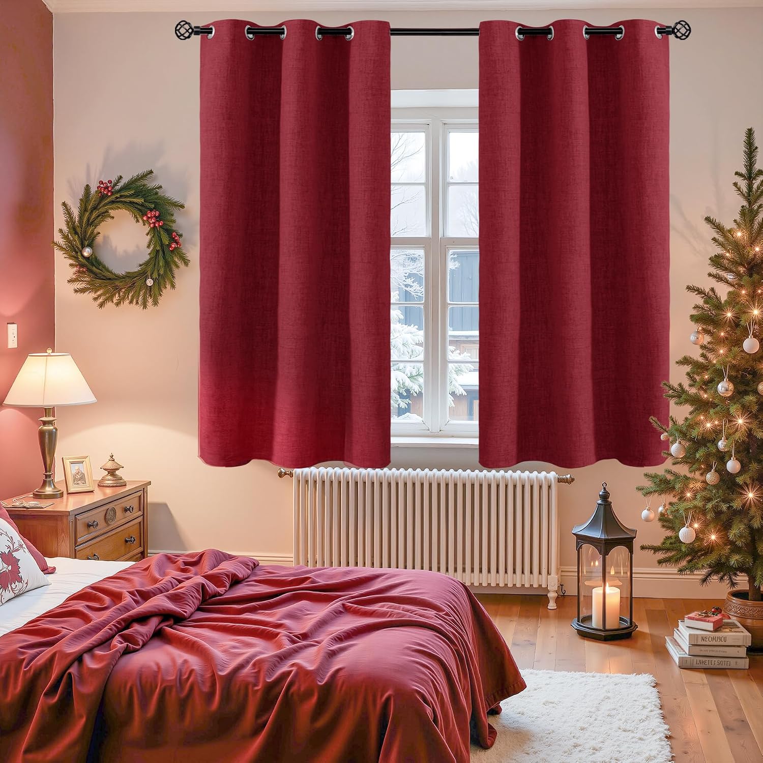 YoungsTex Burgundy Linen Blackout Curtains 40 Inches Long, Short Thermal Insulated Drapes with Grommet Darkening for Bedroom Window, 2 Pane…