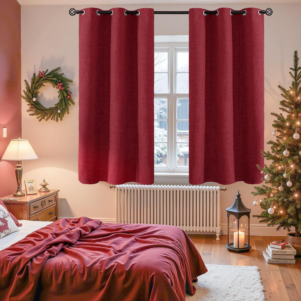 YoungsTex Burgundy Linen Blackout Curtains 45 Inch Length for Bedroom, Short Room Darkening Drapes with Grommet Thermal Insulated for Kitch…