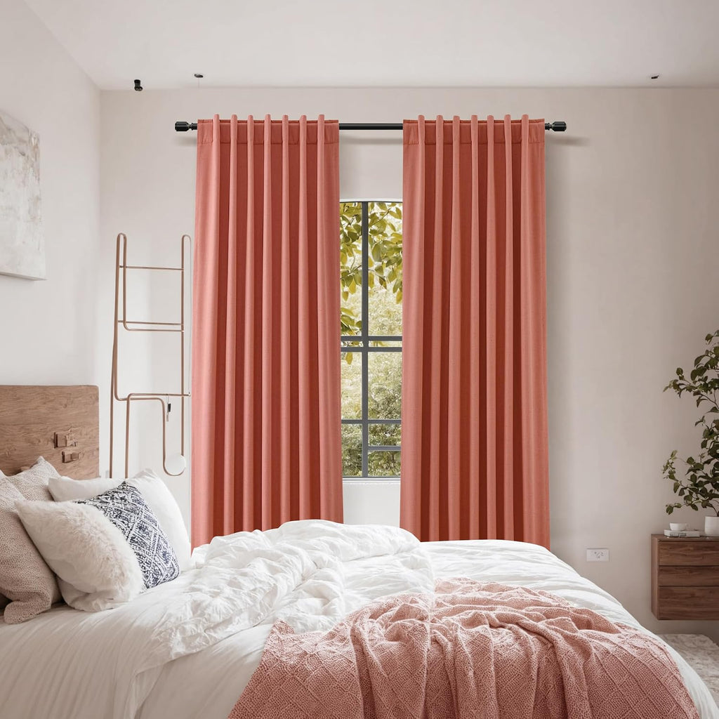 Guken Coral 100% Blackout Linen Curtains 84 Inch Length 2 Panels Set for Living Room Bedroom Back Tab Rod Pocket Thermal Insulated Farmhous…