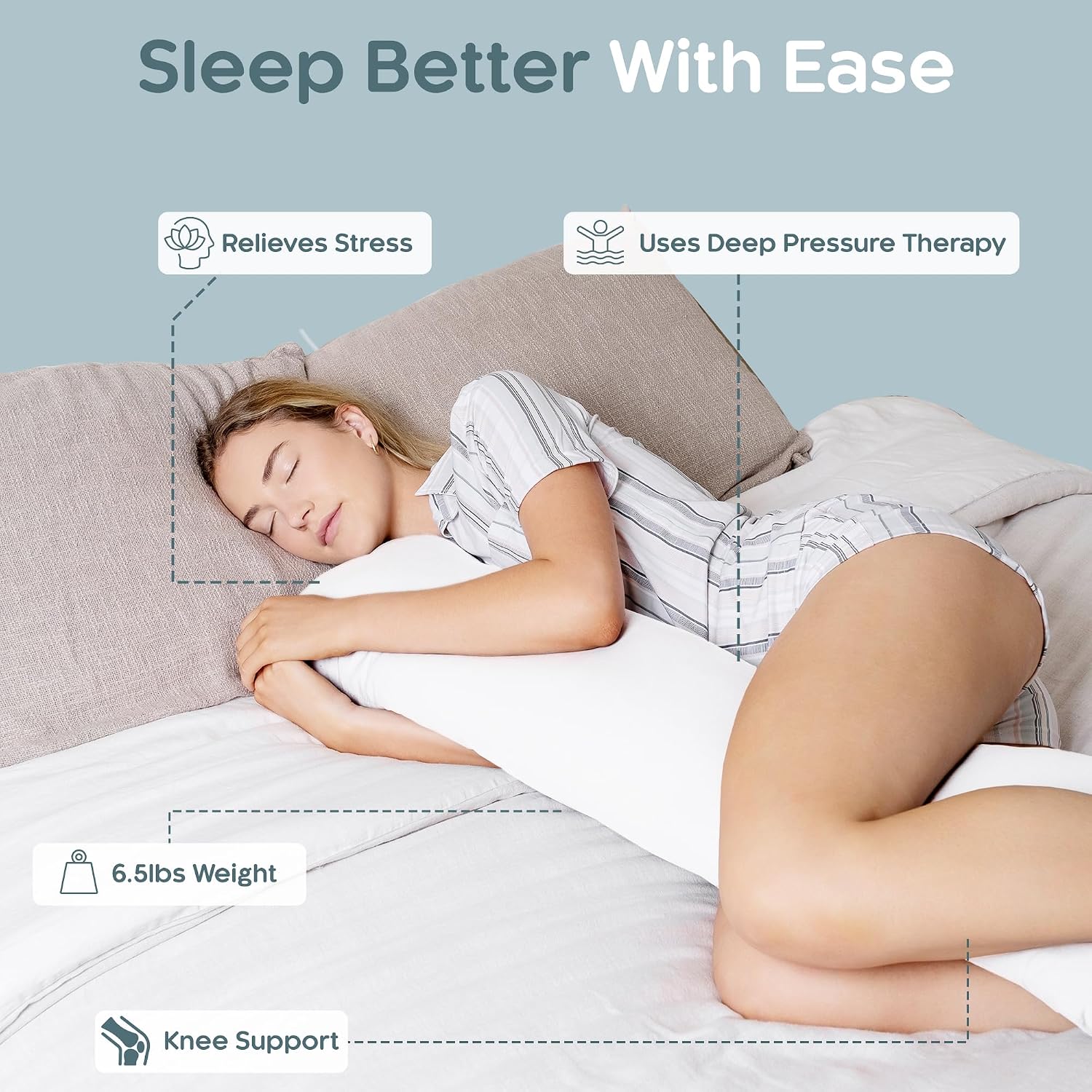 SleepCloud Weighted Body Pillow 6.5lbs - Weighted Pillow for Deeper Sleep (41” x 10”) - Cooling Body Pillows for Adults, Full Body Pillow…
