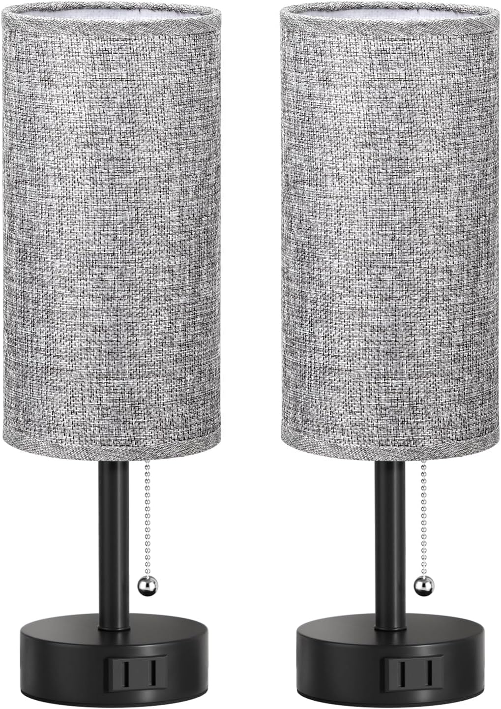 Fenmzee Grey Bedside Table Lamps Set of 2-3 Color Temperatures Pull Chain Lamp with AC Outlet Charging Port, Round Night Stand Lamps for…