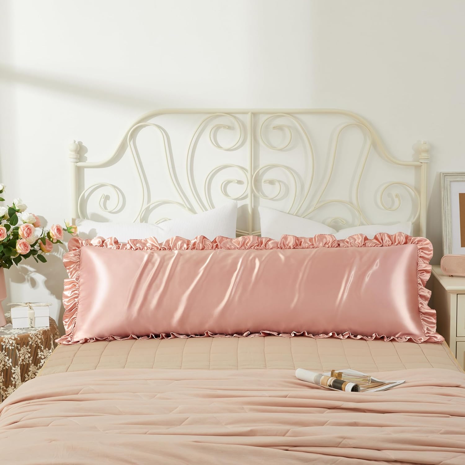 HommxJF Rose Gold Satin Pillowcases Body Pillow for Hair and Skin, Rose Gold Body Pillow Silk Pillowcase with Envelope Closure Princess Room…