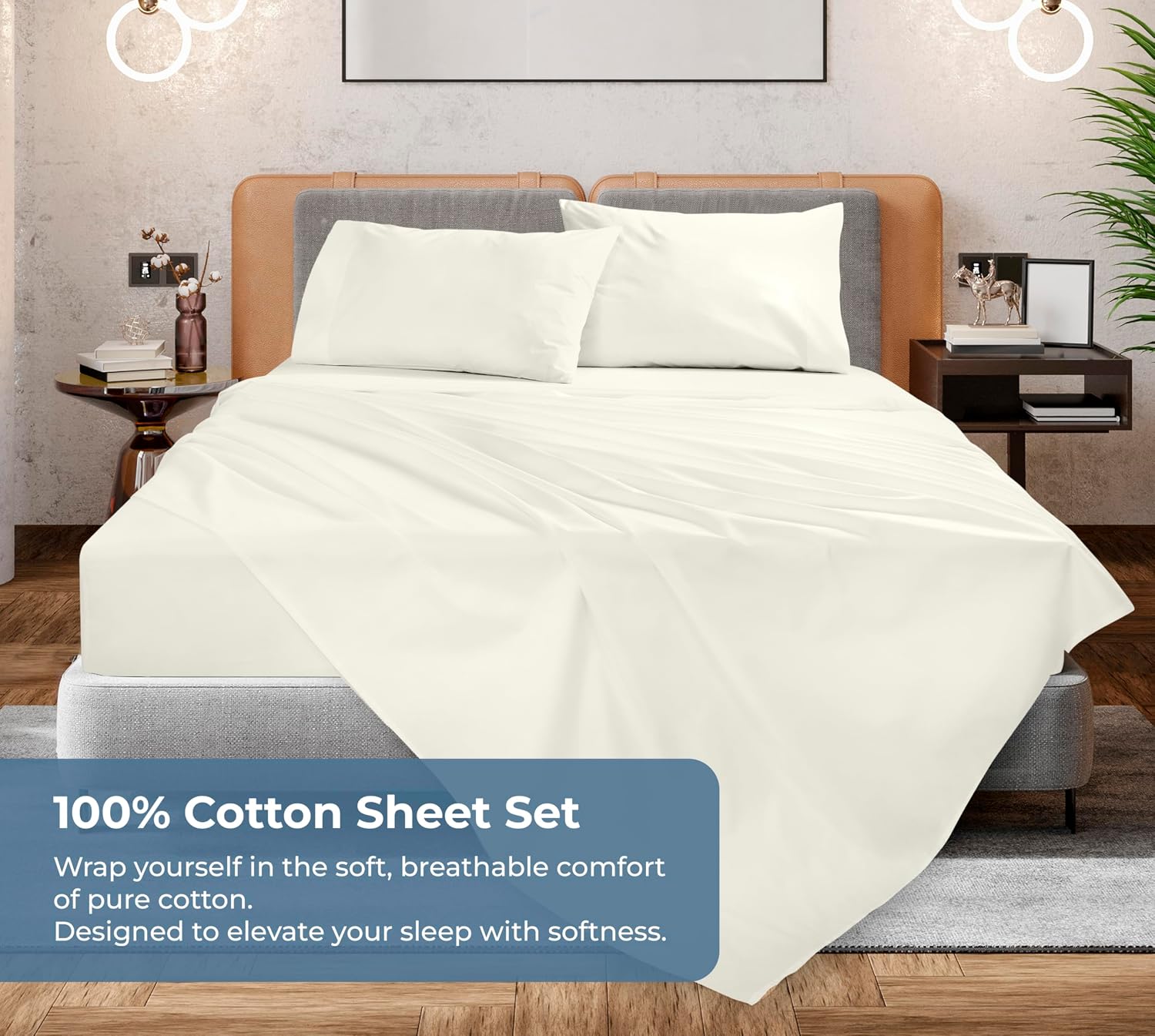Royalelinens ROYALE LINENS 100% Organic Cotton Queen Sheet Set - Percale Weave - 4 Pieces Set - 1 Flat, 1 Deep Pocket Fitted Sheet and 2 Pi…