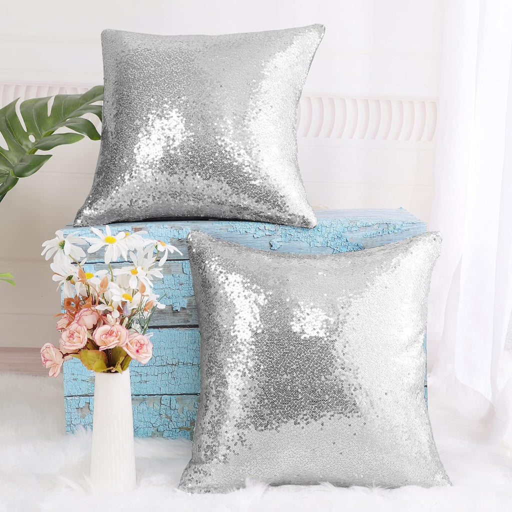 uxcell 2 Pcs Silver Tone Sequin Throw Pillow Covers, Shiny Sparkling Comfy Satin Sequin Cushion Covers, Decorative Pillowcases for…