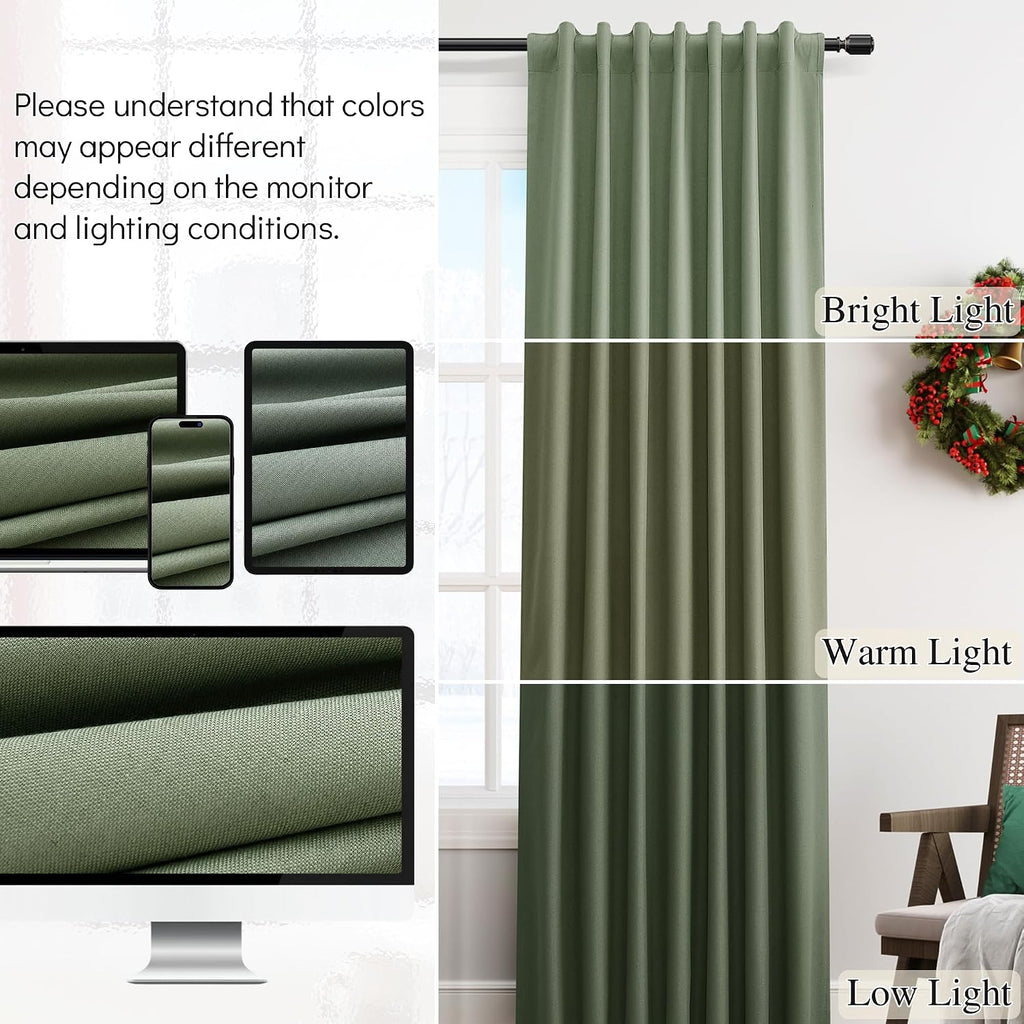 Guken Olive Green 100% Blackout Linen Curtains for Bedroom 105 Inches Long Back Tab Hook Belt Textured Elegant Country Black Out Room Darke…