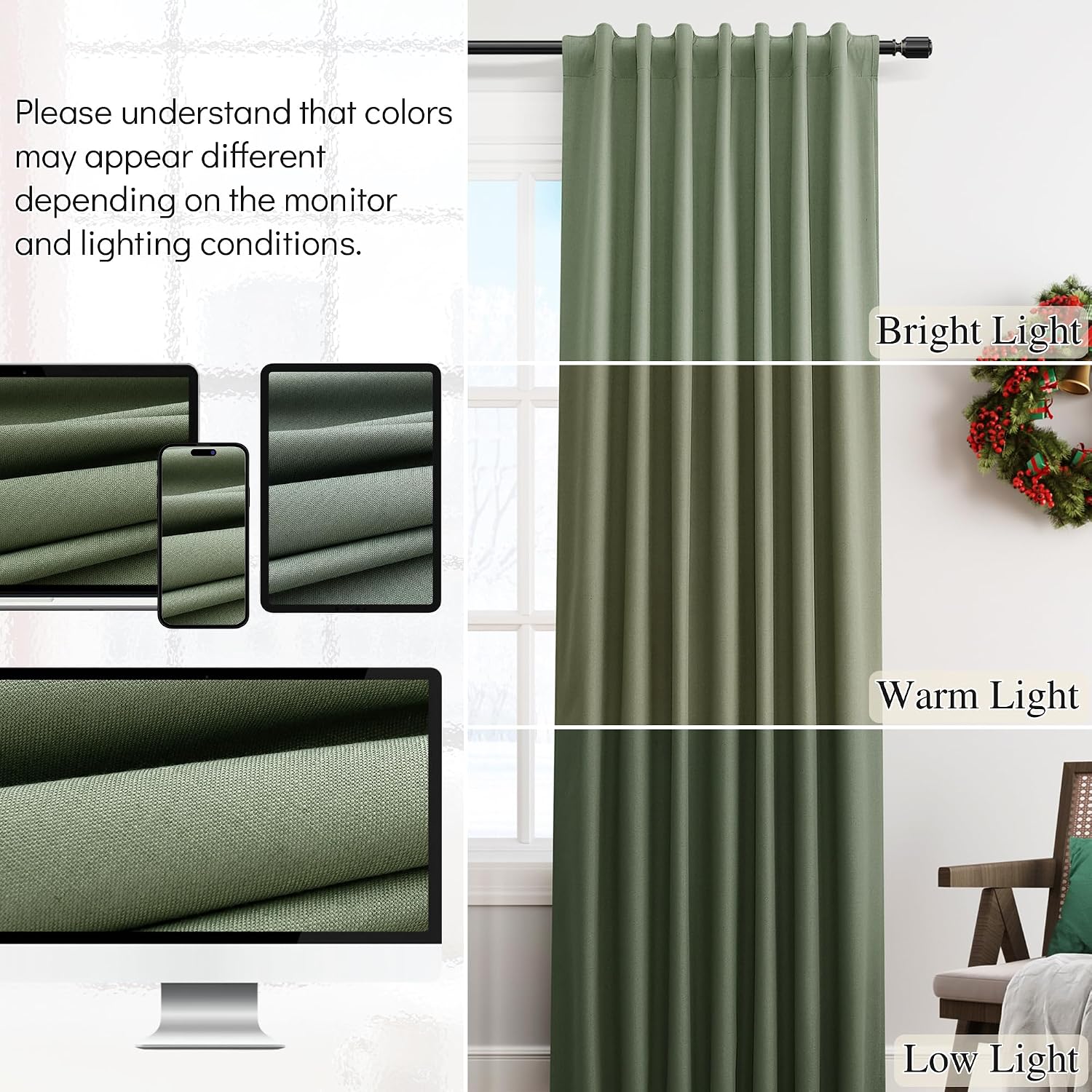 Guken Olive Green 100% Blackout Linen Curtains 132 Inch Length 2 Panels Set for Bedroom Back Tab Hook Belt Black Out Thermal Insulated Soun…