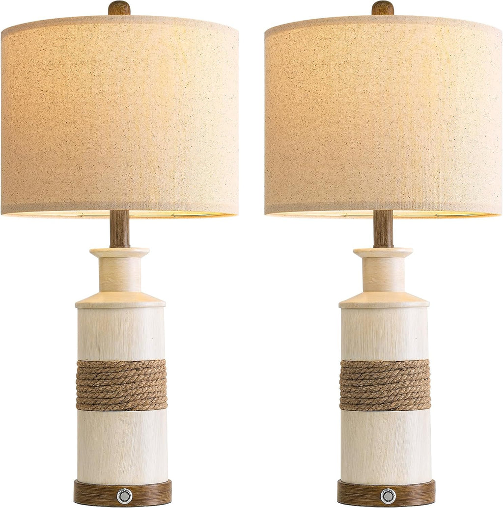 BOBOMOMO 24.5" Farmhouse Boho Table Lamps Set of 2, Hand-Woven Rattan Bedside Lamps with 3-Way Dimmable Touch Control & USB A+C Ports…