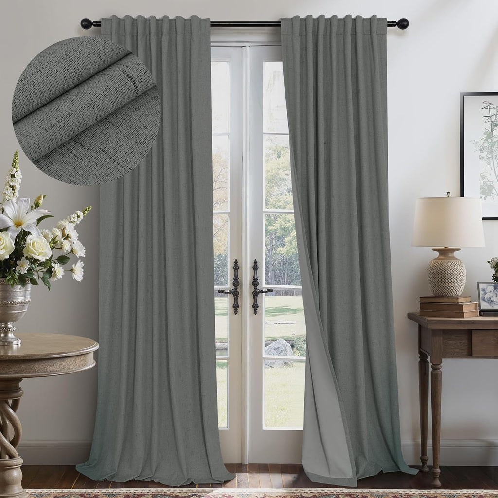 Pitalk Grey Blackout Curtains for Bedroom 84 Inch Length 2 Panel Linen Textured Thermal Insulated Winter Blocking Darkening Window Drape Bl…