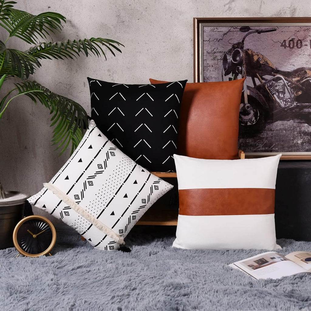 Tosewever Boho Geometric Throw Pillow Covers 18 x 18 Set of 4, Modern Stripe Farmhouse Decorative Faux Leather Cotton Pillowcase for Bedroo…
