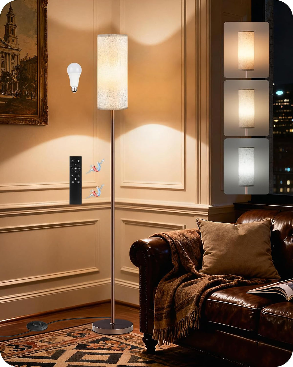 Dimmable Floor Lamps for Living Room with Remote and Foot Switch, 64.4” Modern Standing Tall Lamp, Corner Lamp for Bedroom, Bulb…