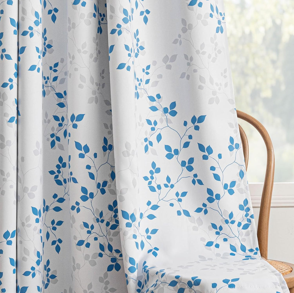 Meetsky Blue 95% Blackout Curtains for Living Room - Leaf Printed Grommet Thermal Insulated Sunlight Blocking Drapes, Privacy Assured Windo…