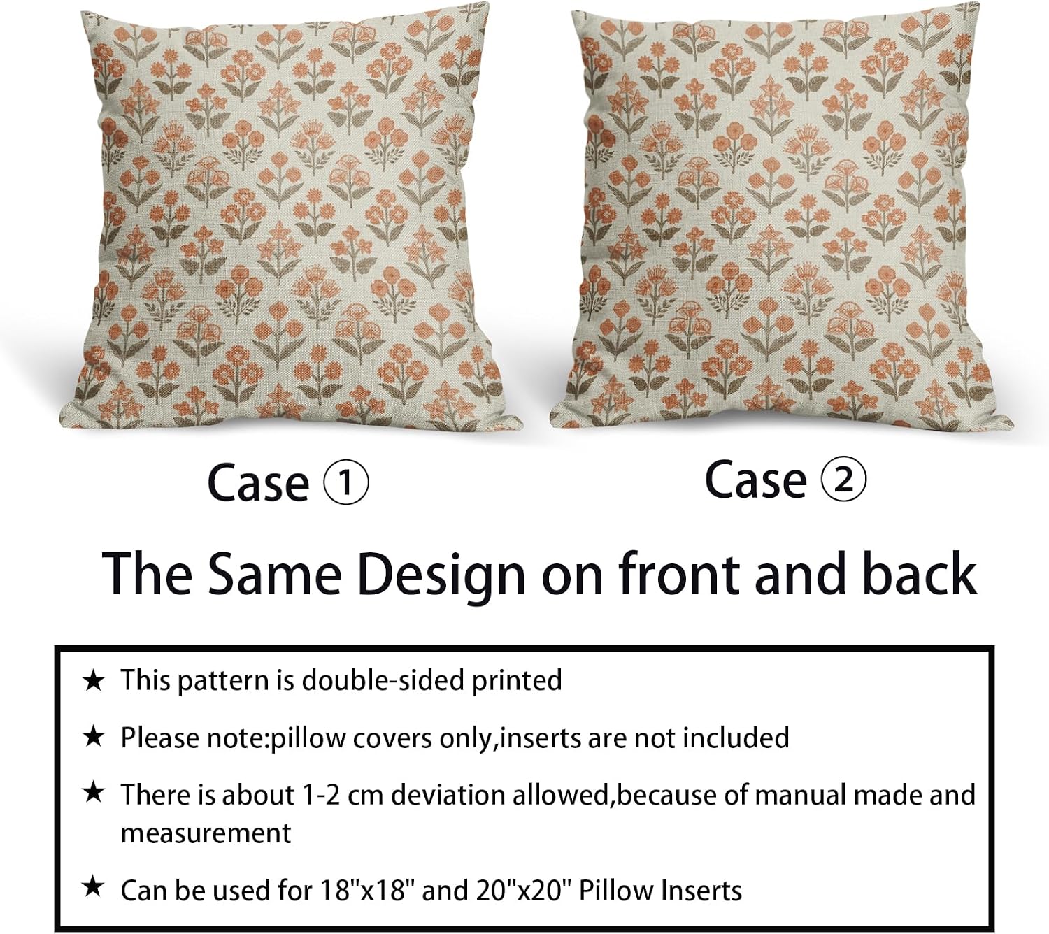 Brown Orange Floral Pillow Covers 24x24 Inch Set of 2, Vintage Flower Block Print Pattern Decorative Throw Pillowcases Outdoor Farmhouse…