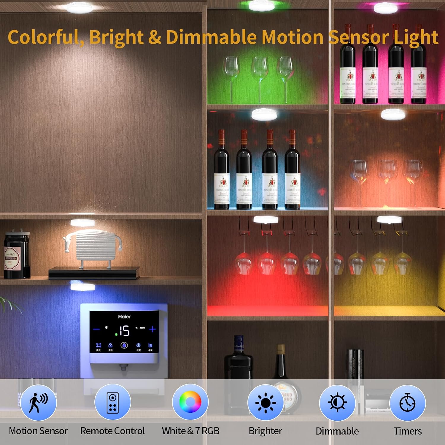 RGB LED Rechargeable Motion Sensor Night Light with Remote, Bright & Dimmable & Long-Lasting Battery, Stick-On Puck Light for Kitchen…