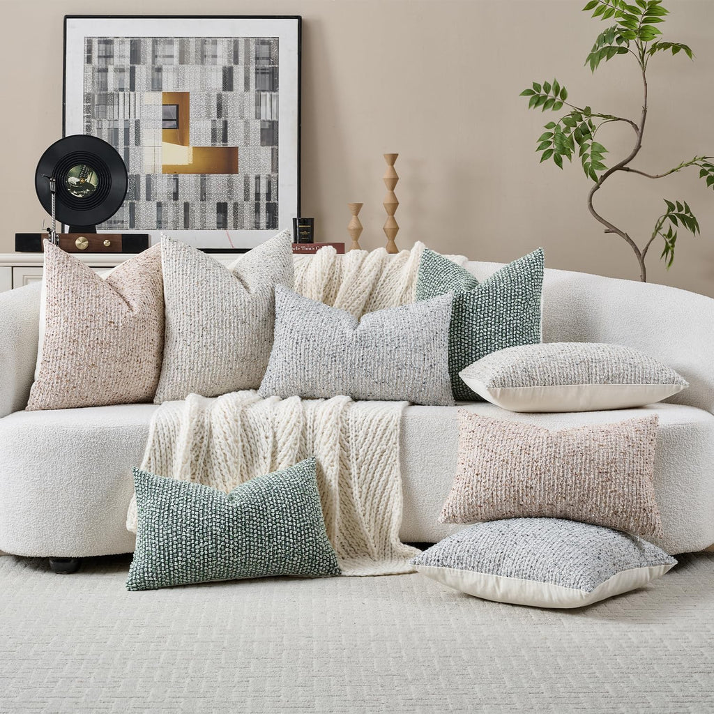 Dezene 24x24 Cream Grey Throw Pillow Cover Textured Boucle Striped Chic Morden Boho Accent Farmhouse Square Decorative Couch Pillow Cover f…