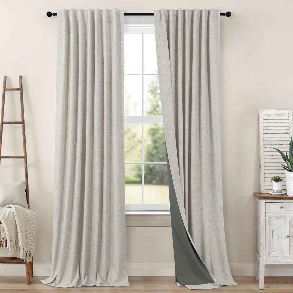 Pitalk Blackout Linen Curtains 96 Inches Long for Living Room 2 Panel Set Black Out Light Blocking Back Tab Neutral Boho Farmhouse 96 Inch…