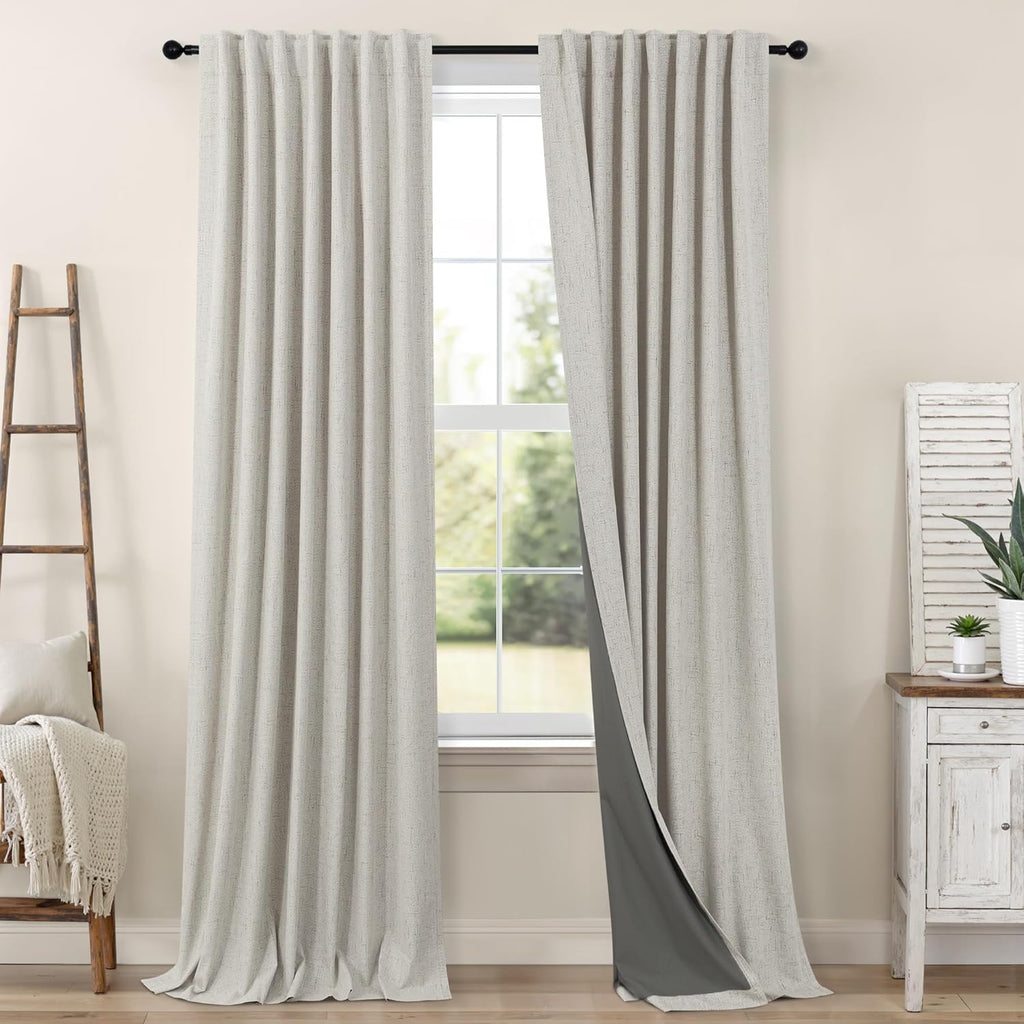 Pitalk Black Out Linen Curtains 108 Inches Long for Living Room 2 Panels Set Total Blackout Flax Pleated Drapes Back Tab Neutral Boho Ceili…