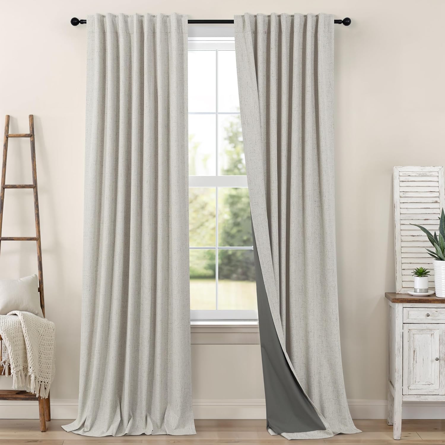 Pitalk Black Out Linen Curtains 108 Inches Long for Living Room 2 Panels Set Total Blackout Flax Pleated Drapes Back Tab Neutral Boho Ceili…