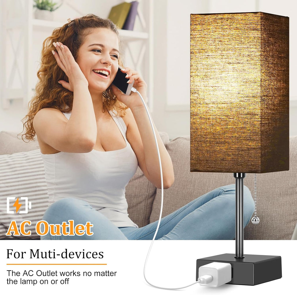Table Lamp for Bedroom set of 2,3-Color Bedside Lamps with Pull Chain Table Lamps for Nightstand with AC Outlets, Night Light Lamps with…