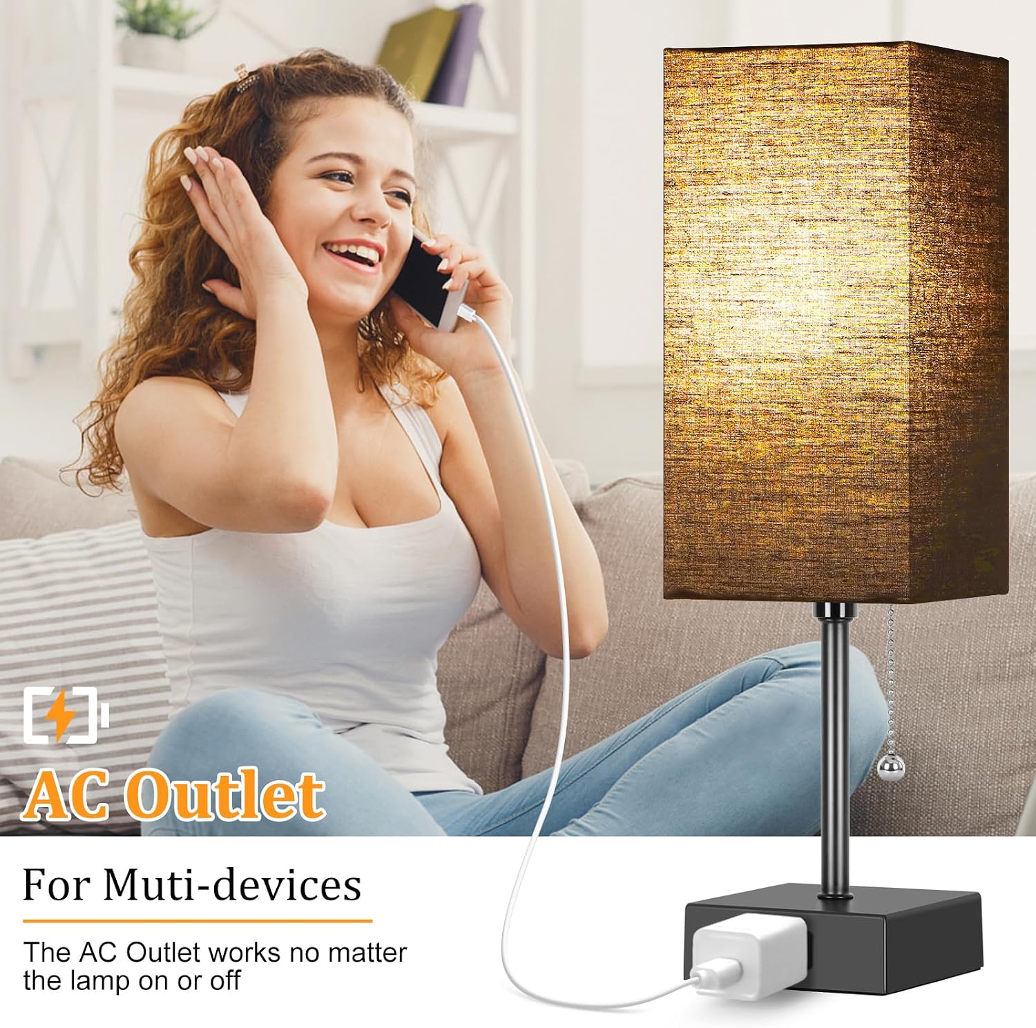 Table Lamp for Bedroom set of 2,3-Color Bedside Lamps with Pull Chain Table Lamps for Nightstand with AC Outlets, Night Light Lamps with…
