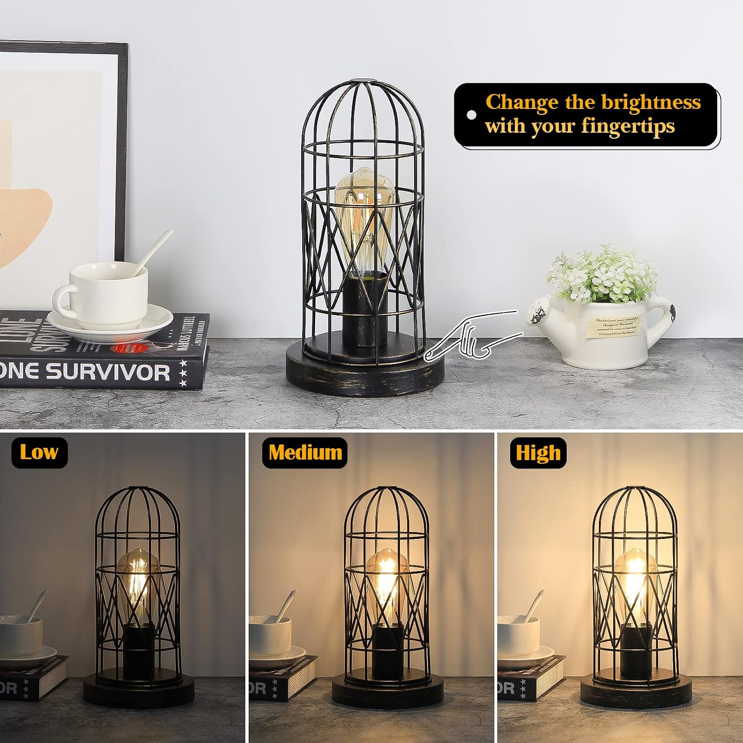 Industrial Table Lamp, Small Touch Lamp with Rustic Cage Vintage Bedside Lamp 3 Way Dimmable Nightstand Lamp Edison Desk Lamp for…