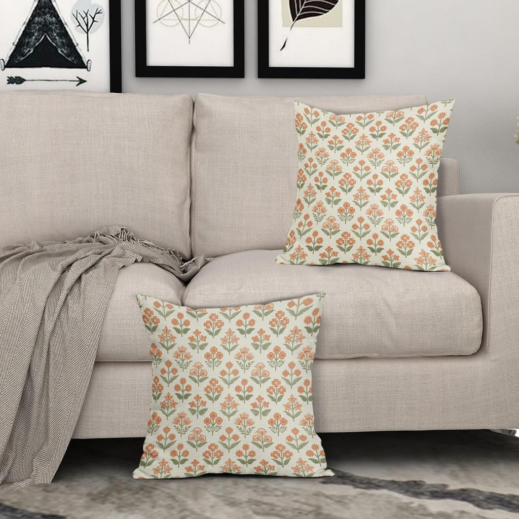 Orange Green Floral Block Print Pillow Covers 18x18 Inch Set of 2, Vintage Flower Pattern Decorative Throw Pillowcases Outdoor Farmhouse…