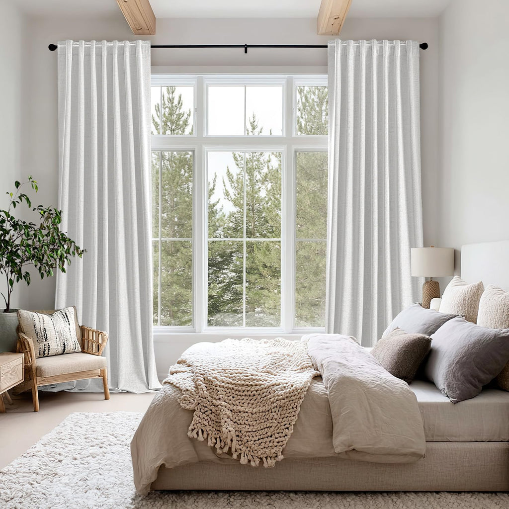 Miulee 100% Blackout Linen Curtains for Bedroom, Heathered White Solid Luxury Decor Thermal Insulation Room Darkening Drapes for Living Roo…