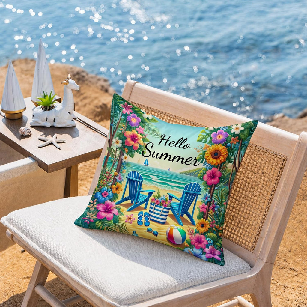 BlissYard Hello Summer Beach Throw Pillow Covers 18x18 Coastal Decorative Pillow Covers Tropical Floral Summer Cushion Covers Seaside…