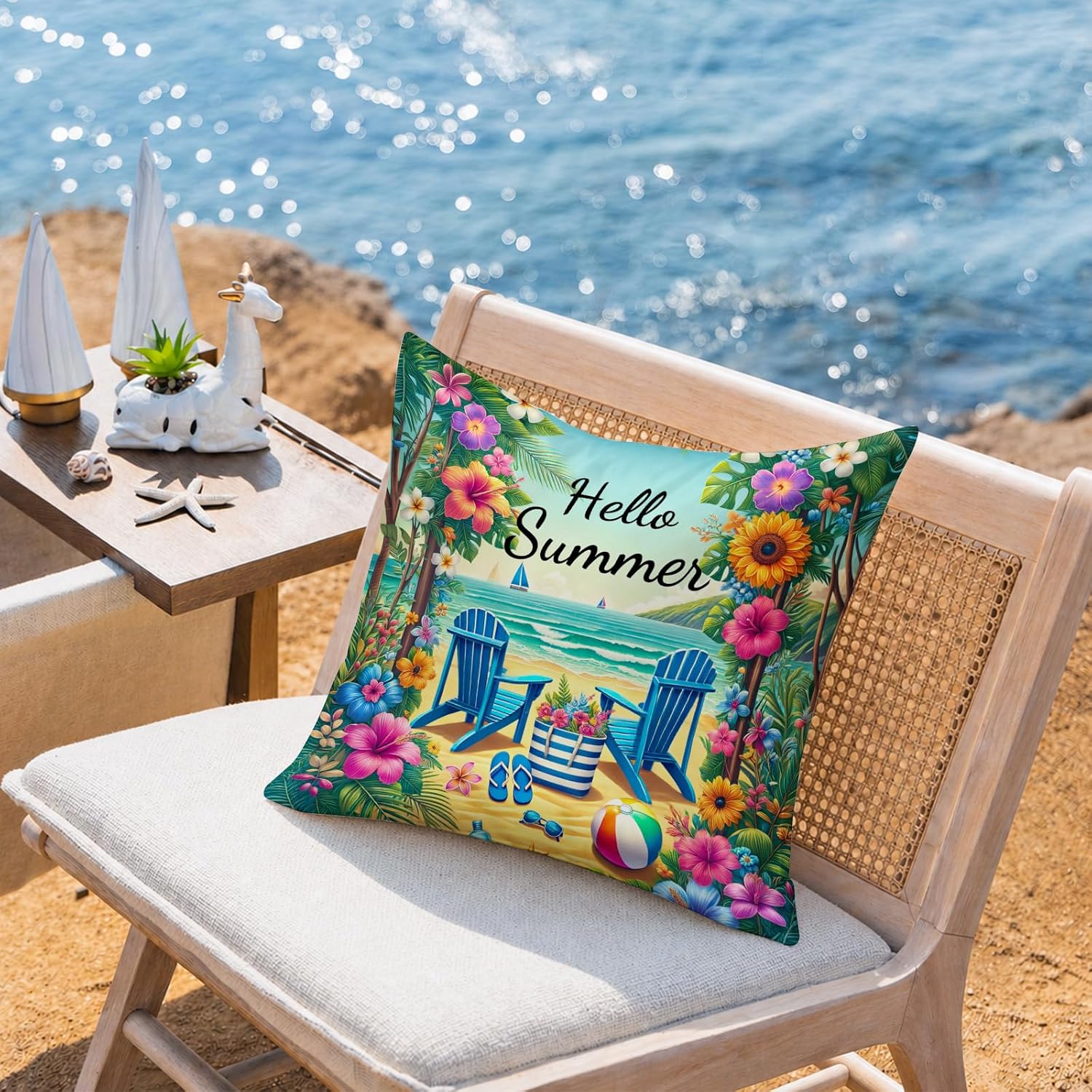 BlissYard Hello Summer Beach Throw Pillow Covers 18x18 Coastal Decorative Pillow Covers Tropical Floral Summer Cushion Covers Seaside…