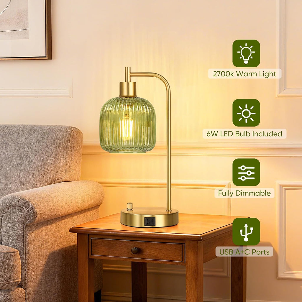 QiMH Industrial Table Lamp for Bedroom Set of 2, Green Glass Beside Lamp with USB A&C Ports, Stepless Dimmable Gold Lamps, Nightstand…