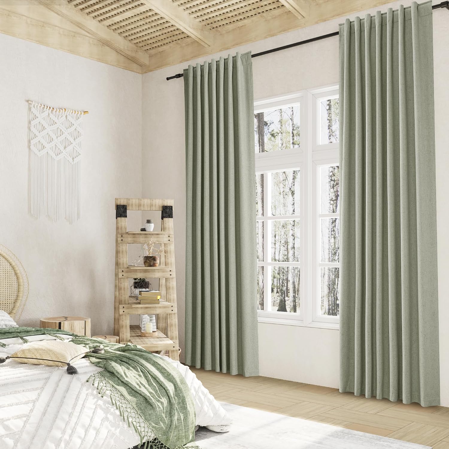 Guken Sage Green 100% Blackout Linen Curtains 102 Inch Length 2 Panels Set for Living Room Bedroom Back Tab Rod Pocket Thermal Insulated Bl…