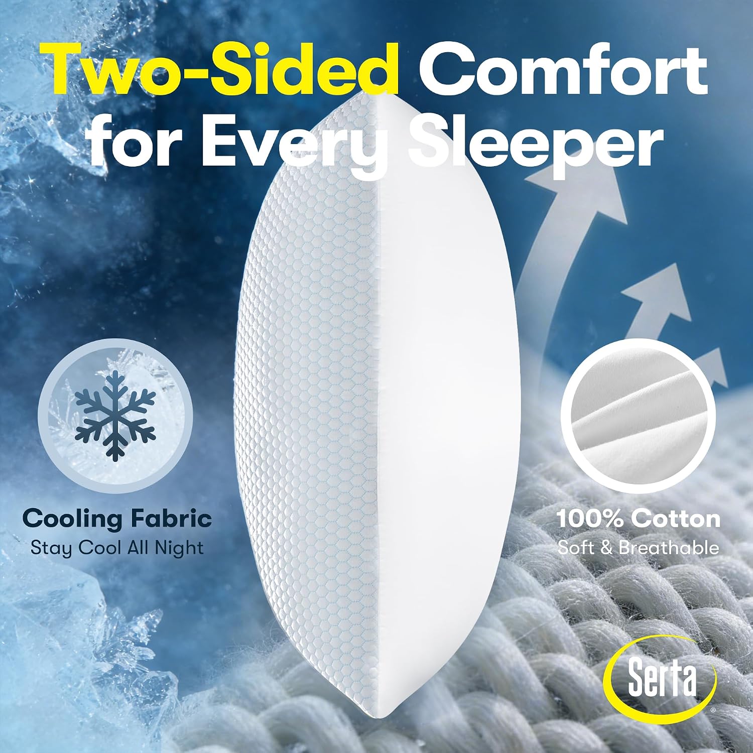 Serta Cooling Down Alternative Bed Pillows Queen Size Set of 2, Reversible Cooling & Cotton Fabric, Medium Firm, Breathable Support for…