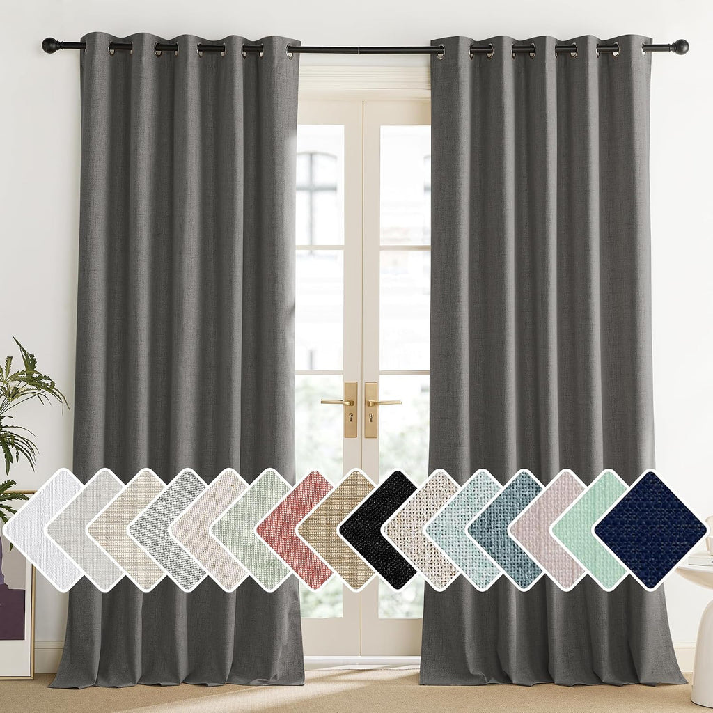 NICETOWN Grizzle Gray Vintage Linen 100% Blackout Curtains for Living Room, Thermal Insulated Curtains 108“ Long, Noise Reducing Window…