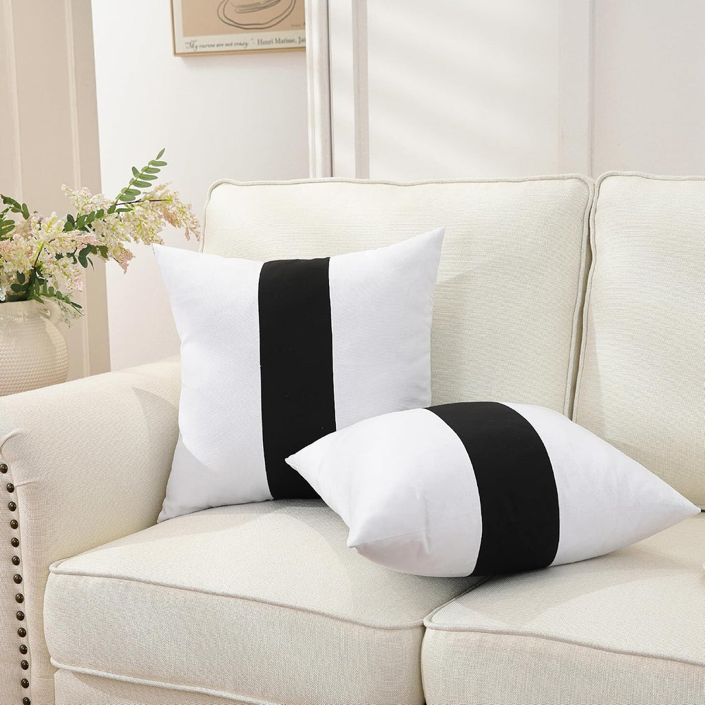 TAOSON Set of 2, 100% Cotton Canvas Patchwork Throw Pillow Covers 24x24 Inch Modern Black Striped Pillow Cushion Covers Farmhouse Decor…