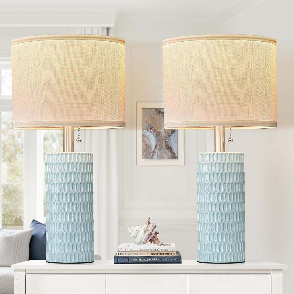 Reaketon Table Lamps for Living Room Set of 2, Ceramic Table Lamps for Bedroom, 20" Modern Lamps for Night Stands, Blue
