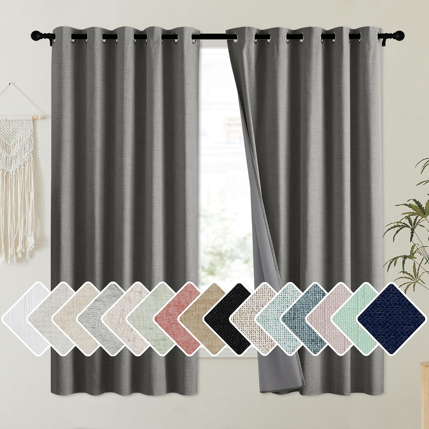 NICETOWN Grizzle Gray Vintage Linen 100% Blackout Curtains for Kitchen, Thermal Insulated Curtains 63" Long, Noise Reducing Window…