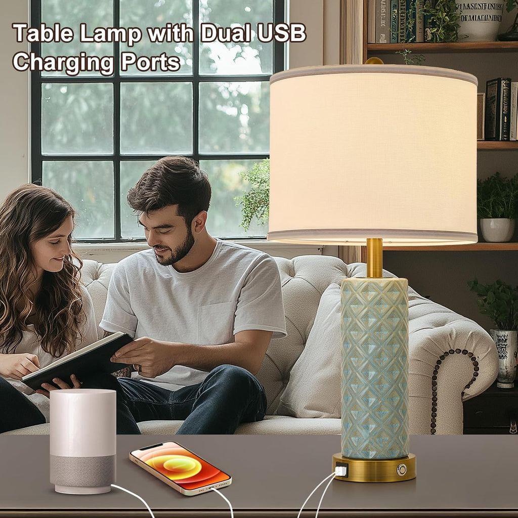 Set of 2 Table Lamp for Living Room Bedroom Farmhouse,26'' Touch Control Bedroom Spa Blue Ceramic Lamps 3-Way Dimmable Bedside Lamps with…