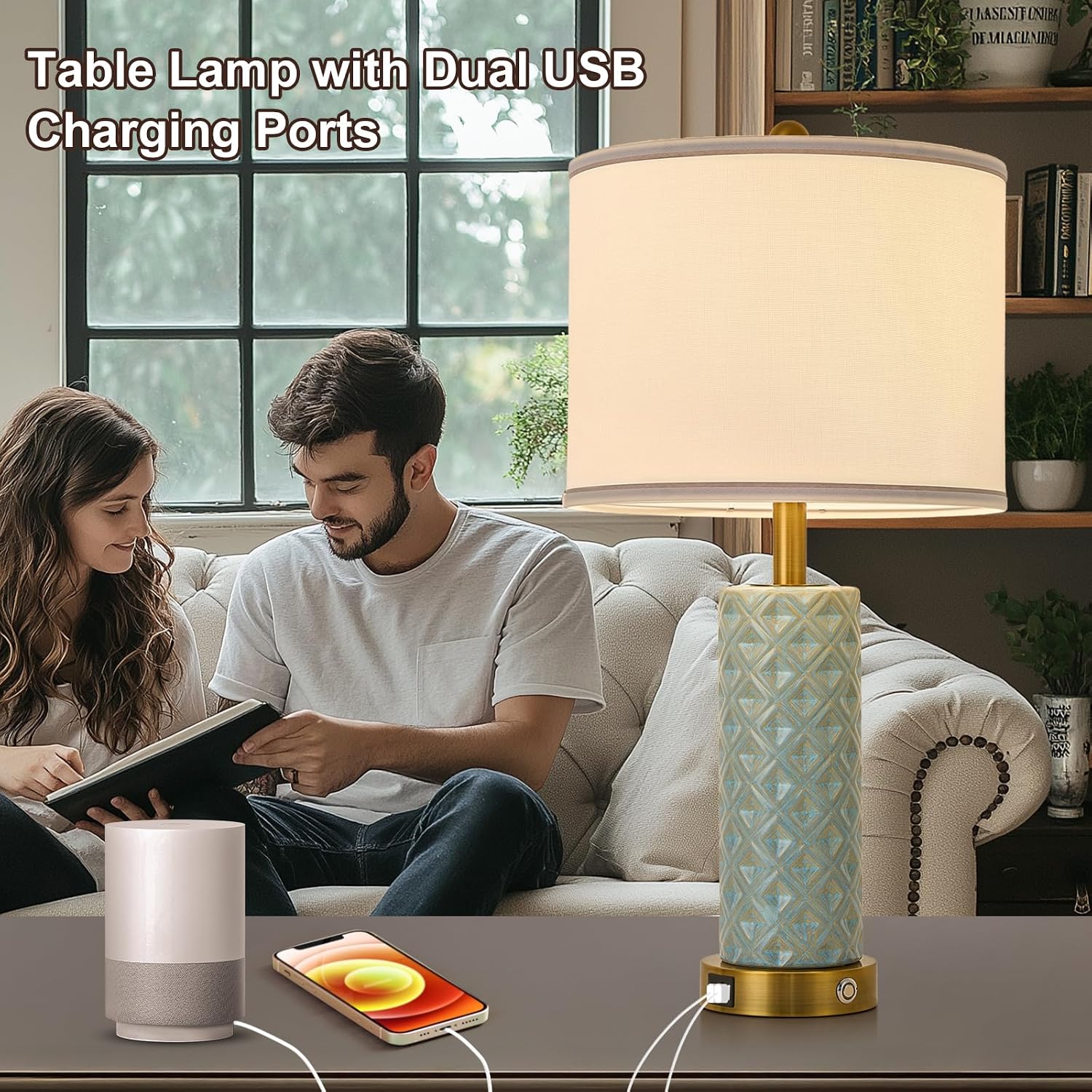 Set of 2 Table Lamp for Living Room Bedroom Farmhouse,26'' Touch Control Bedroom Spa Blue Ceramic Lamps 3-Way Dimmable Bedside Lamps with…