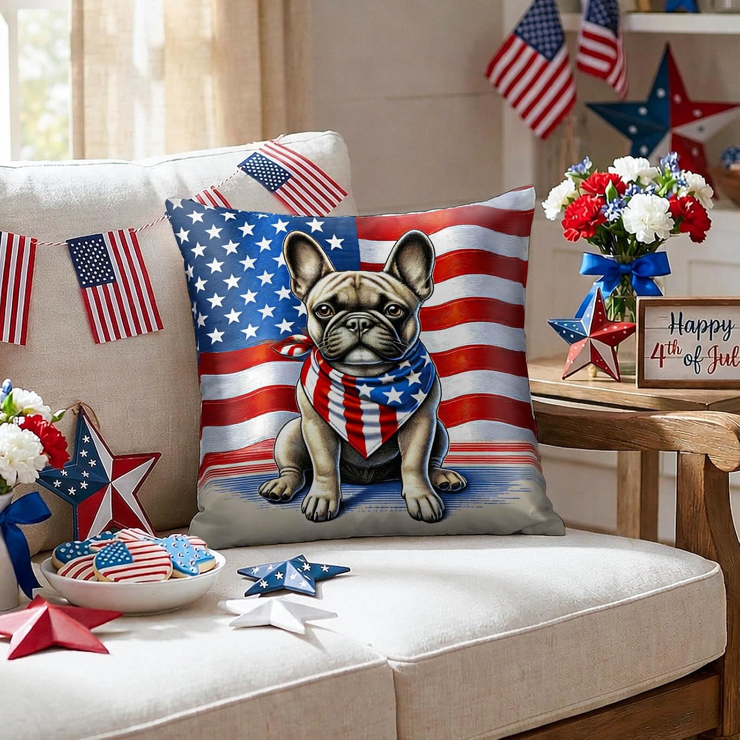 BlissYard Patriotic Dog Throw Pillow Covers 18x18 Set of 2 American Flag Bulldog Pillow Covers 4th of July Independence Day Decorations…
